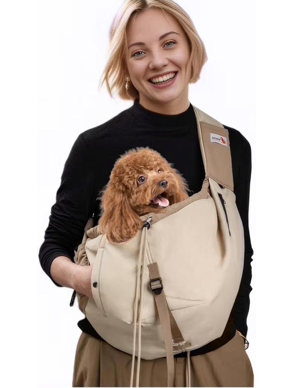 Hands-Free Beige Dog Sling Carrier by